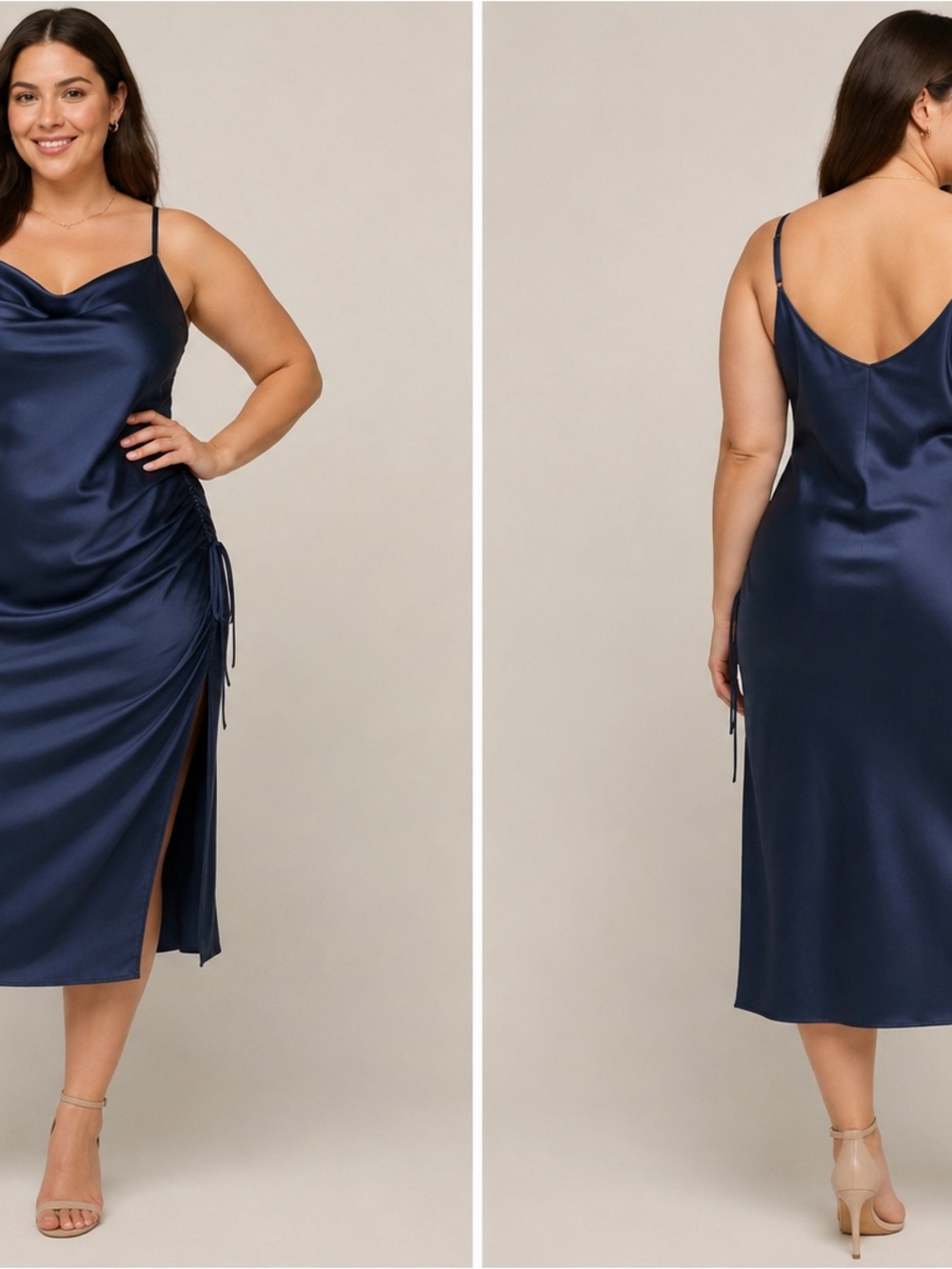 Skies Are Blue Curvy Satin Ruched Midi Dress – Navy Blue – Size 1X